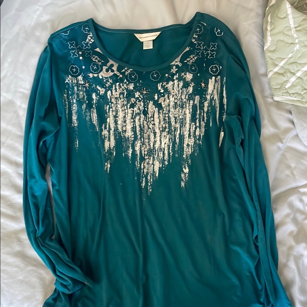 Christopher & Banks Blue Embellished Long Sleeve Blouse